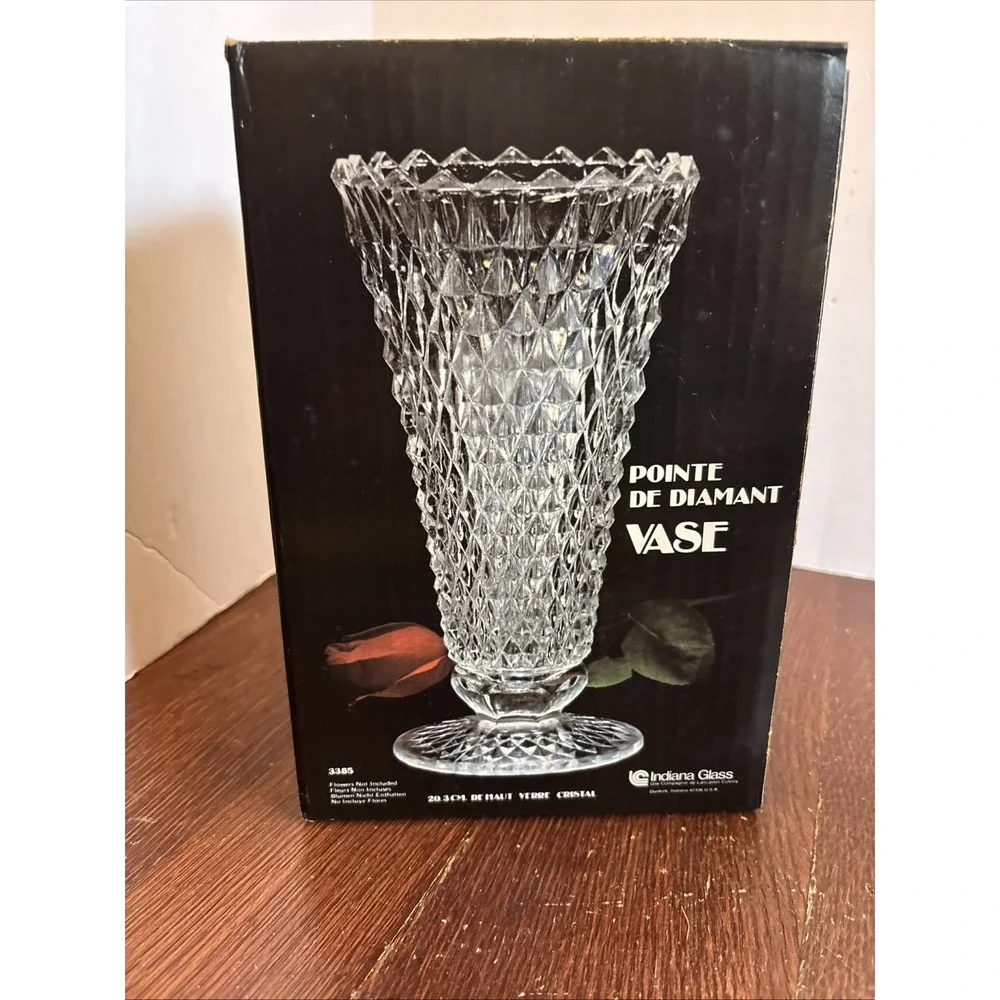 Vintage Indiana Clear Glass Footed Vase Diamond Point 8 Inches New With Box‎